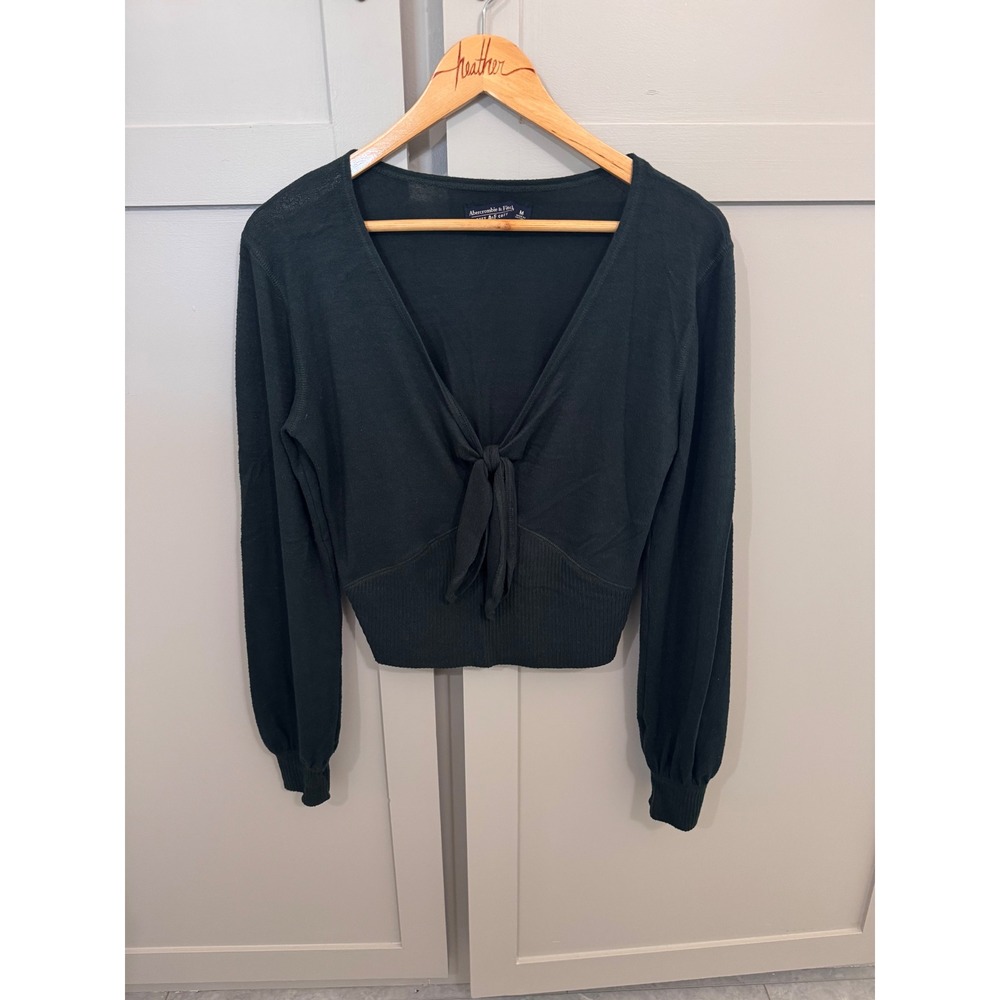Abercrombie & Fitch Soft A&F Cozy Tie Front Sweater Green V-Neck Crop Top Medium
